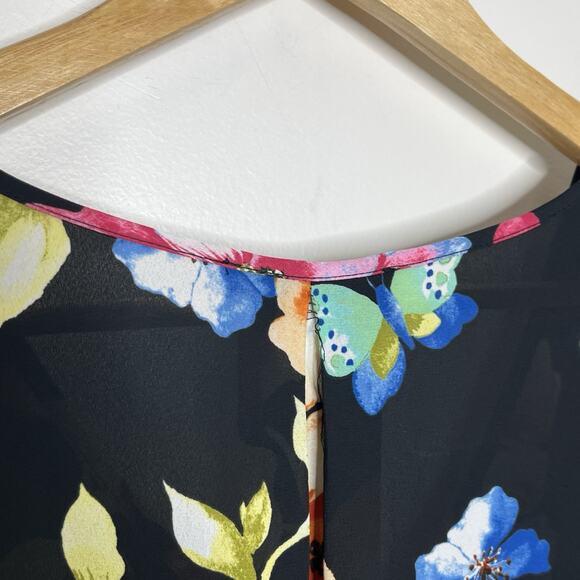 Butterfly Floral Print Top Womens Size 1X Flare Sleeve Chiffon Colorful Nature - Picture 6 of 6